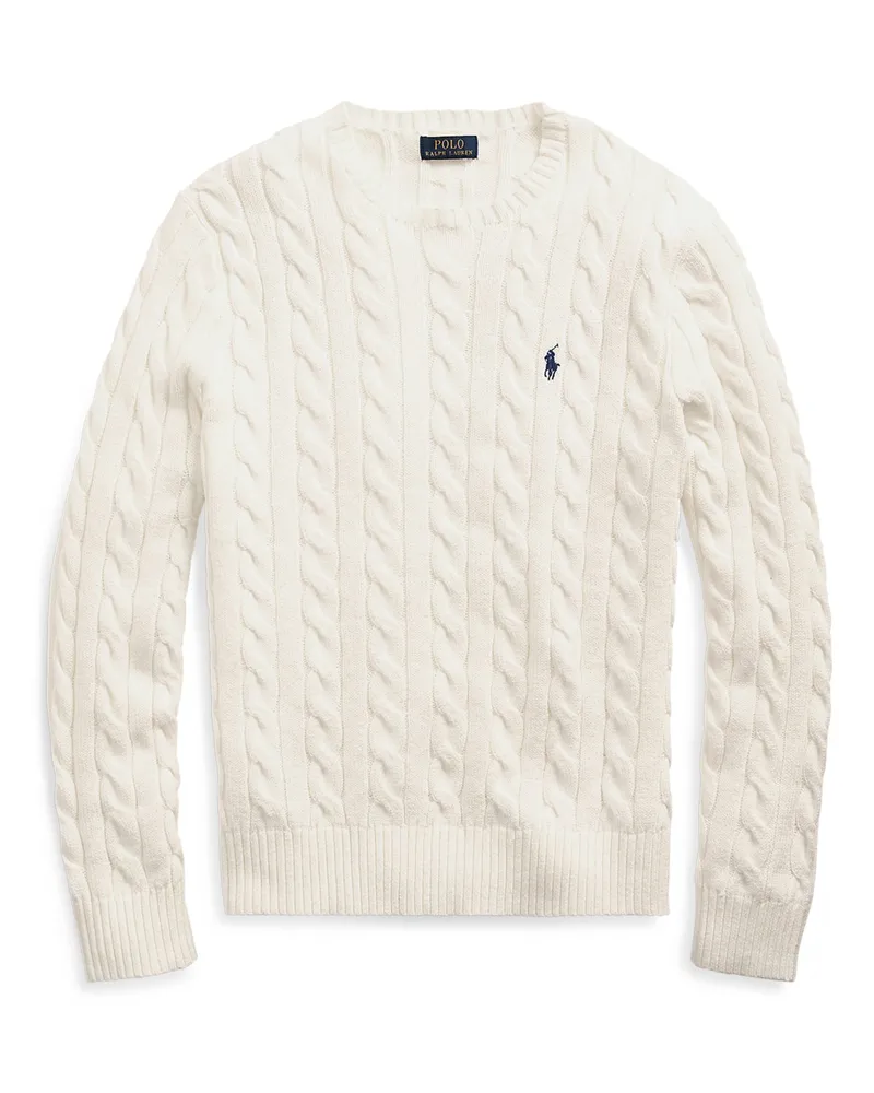 Ralph Lauren Rundhalspullover mit Zopfstrickmuster und kleiner Pony-Stickerei in Offwhite