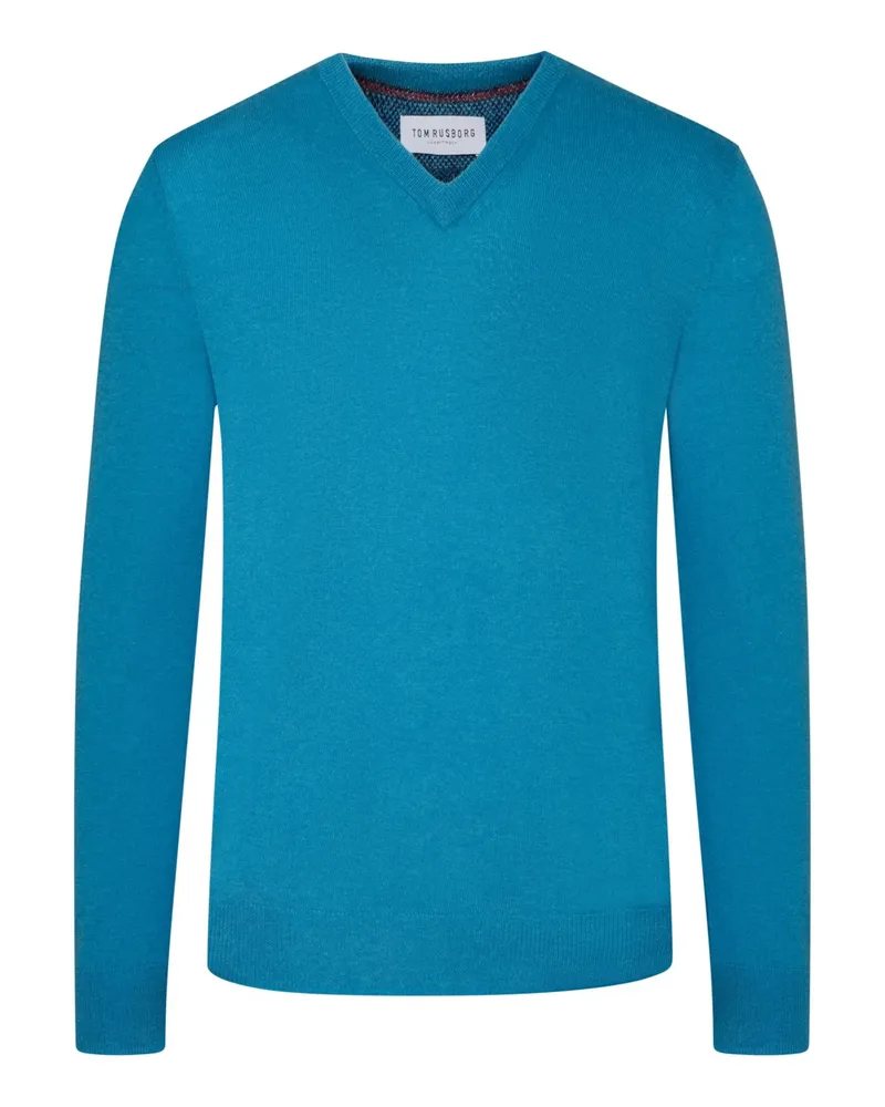 Tom Rusborg Leichter Pullover aus Merinowolle und Kaschmir mit V-Ausschnitt in Blau