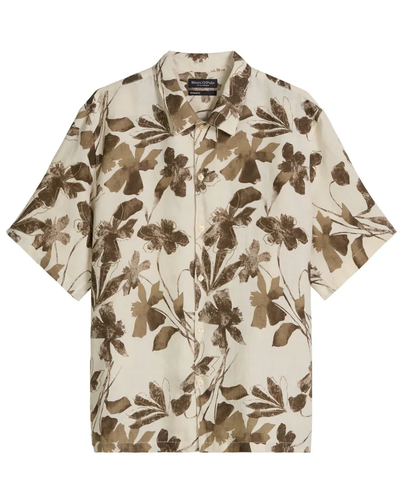 Marc O'Polo Kurzarmhemd aus Leinen mit floralem Print, Regular Fit in Braun