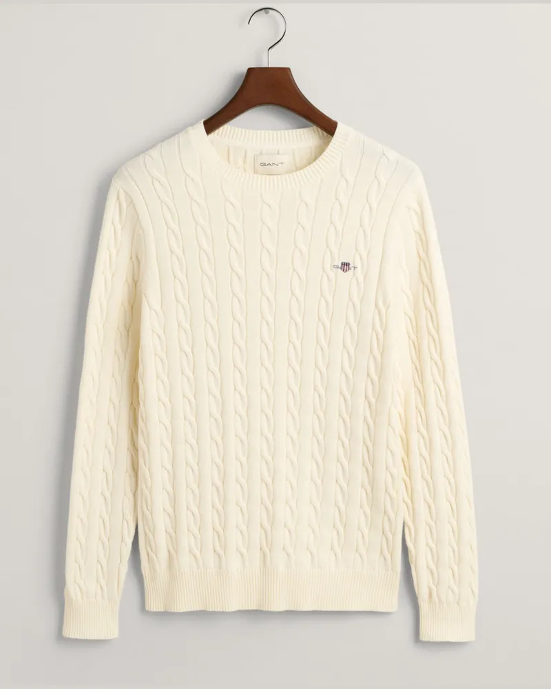 Gant Leichter Pullover mit Zopfstrickmuster und Logo-Stickerei in Offwhite