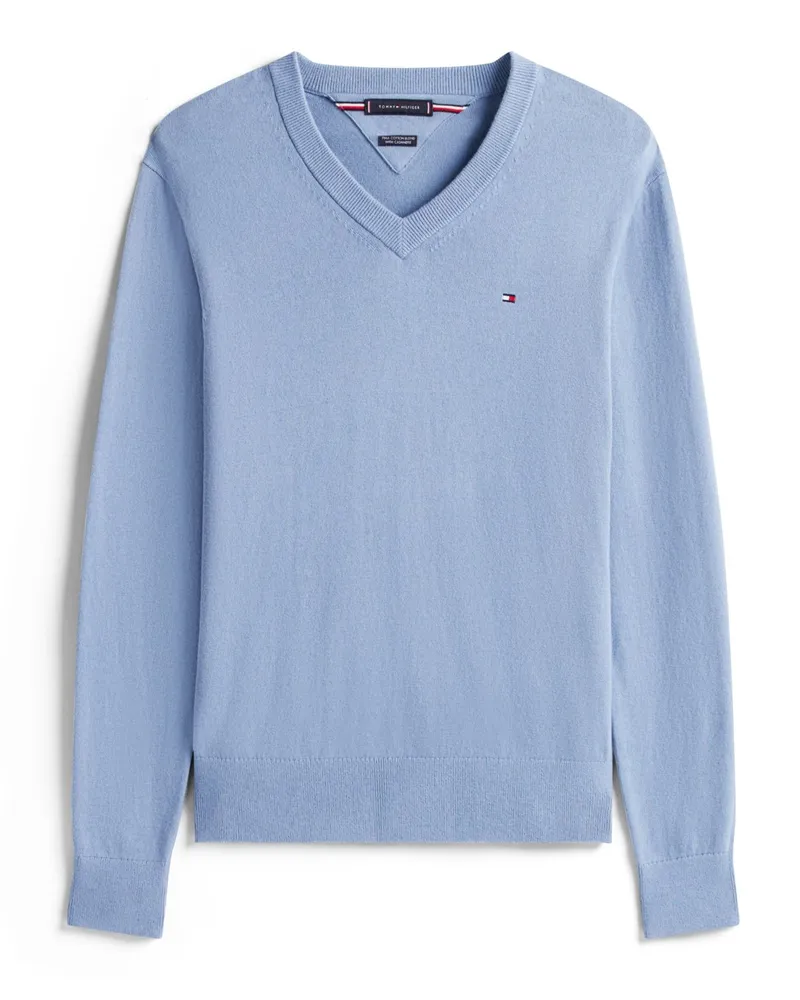 Tommy Hilfiger Leichter Pullover mit Kaschmir und V-Ausschnitt in Mittelblau