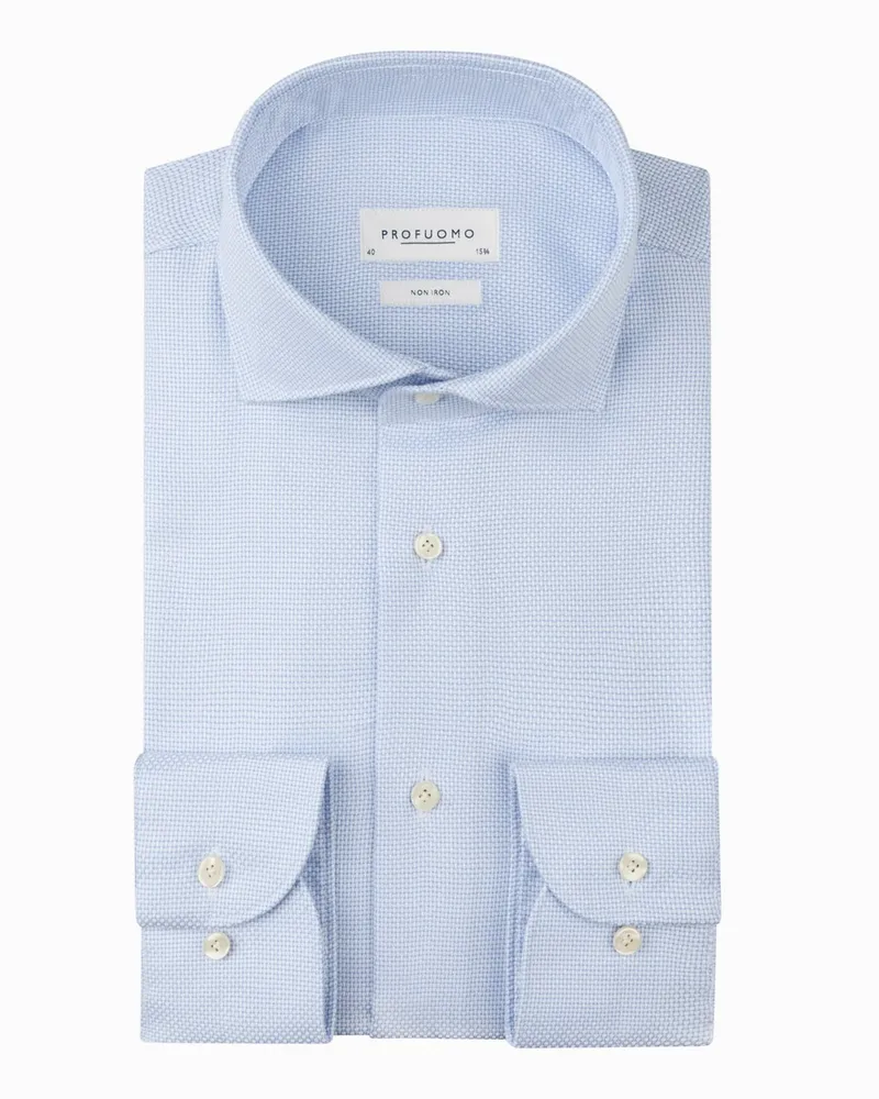 Profuomo Bügelfreies Baumwollhemd mit Haifischkragen in Dobby-Webstruktur, Slim Fit in Hellblau