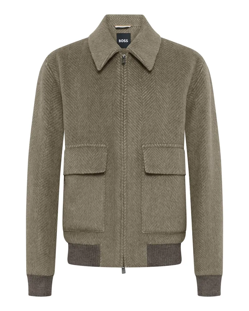 HUGO BOSS Woll-Blouson aus einem Alpaka-Mix mit Fischgrätstruktur und Zip in Khaki
