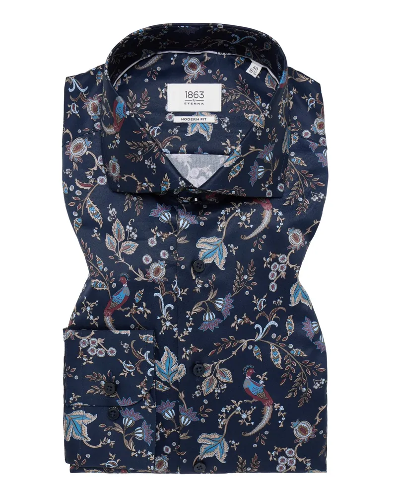Eterna Bügelfreies Baumwollhemd mit Fantasie-Print, Modern Fit in Marine