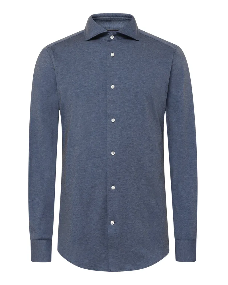 HUGO BOSS Meliertes Jersey-Hemd mit Kentkragen, Slim Fit in Blau