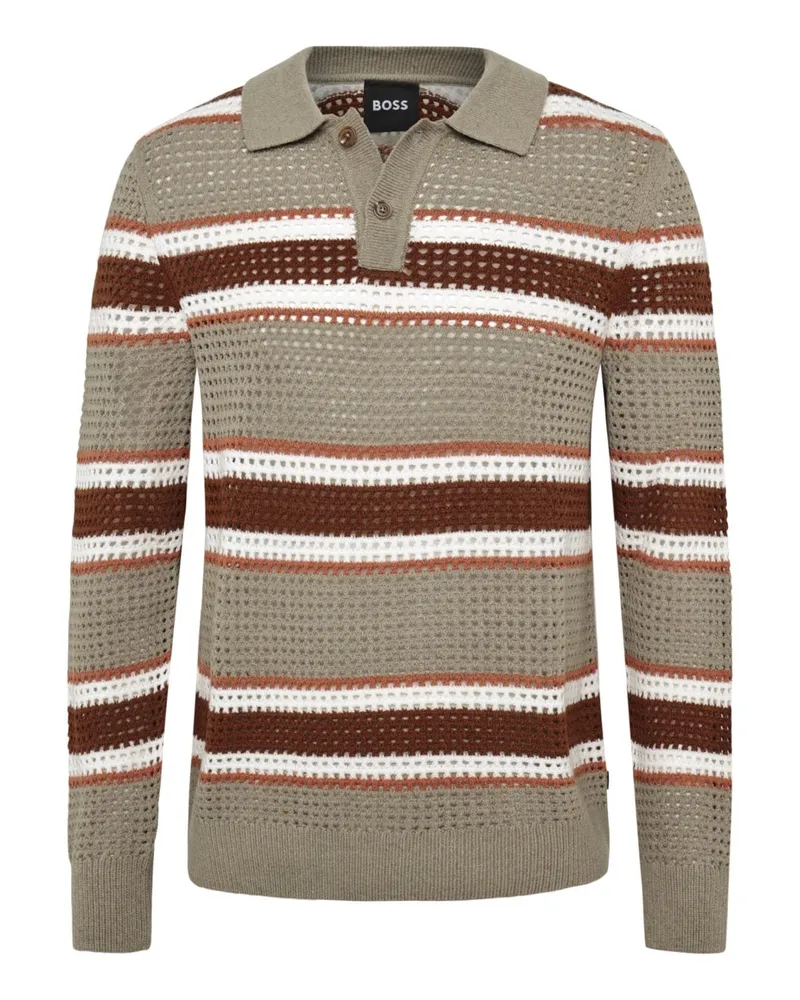 HUGO BOSS Pullover mit Polokragen und Blockstreifen in Mesh-Strick in Hellbraun