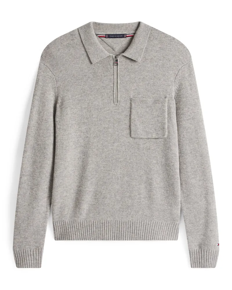 Tommy Hilfiger Langarm-Poloshirt aus Lambswool-Strick mit Reißverschluss in Grau
