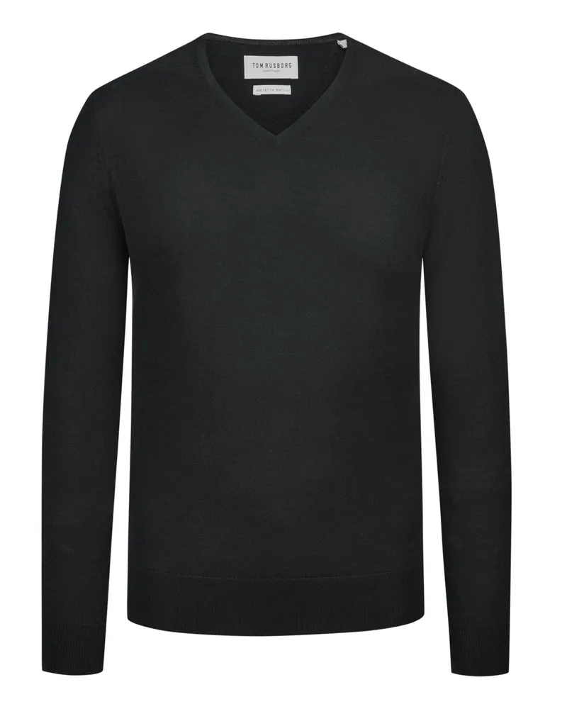 Tom Rusborg Leichter Pullover mit V-Ausschnitt aus maschinenwaschbarer Merinowolle in Schwarz