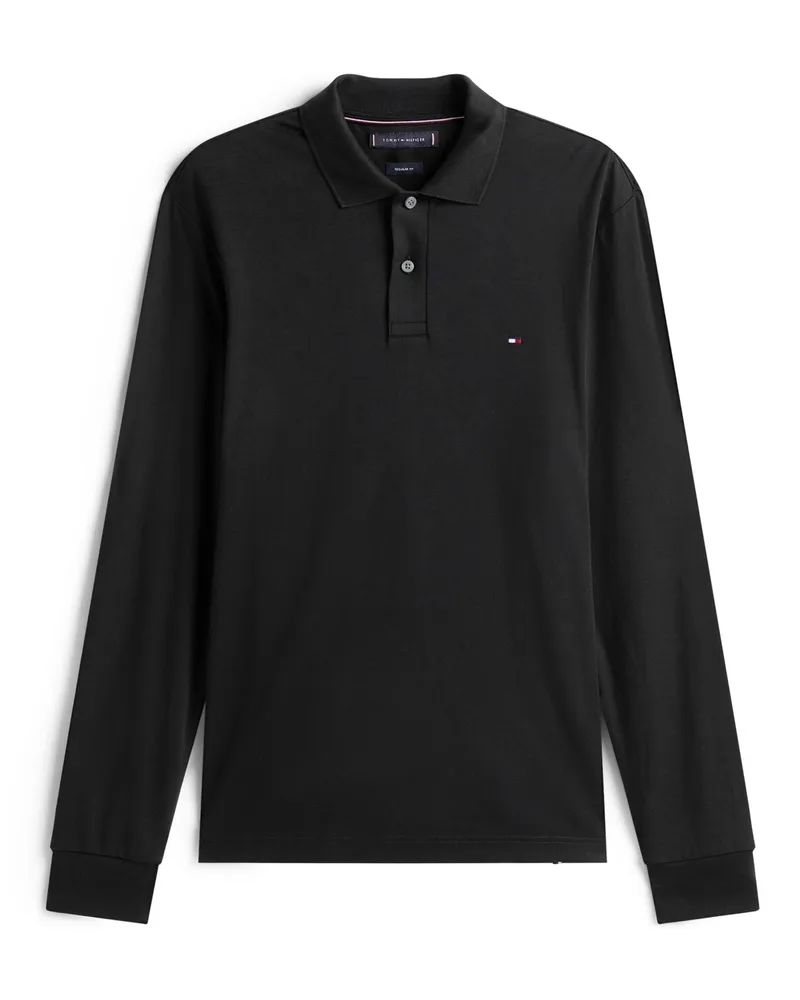Tommy Hilfiger Langarm-Poloshirt in melierter Jersey-Qualität, Regular Fit in Schwarz