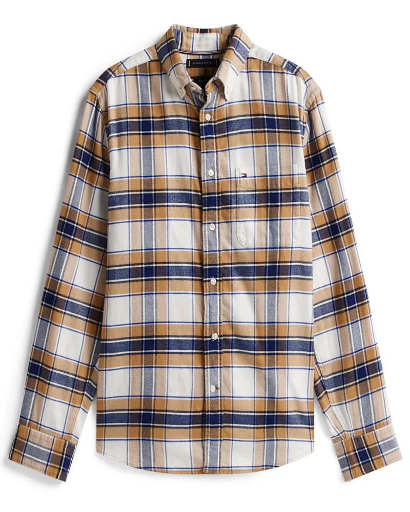 Tommy Hilfiger Softes Flanellhemd Hero mit Tartanmuster und Button Down-Kragen in Beige