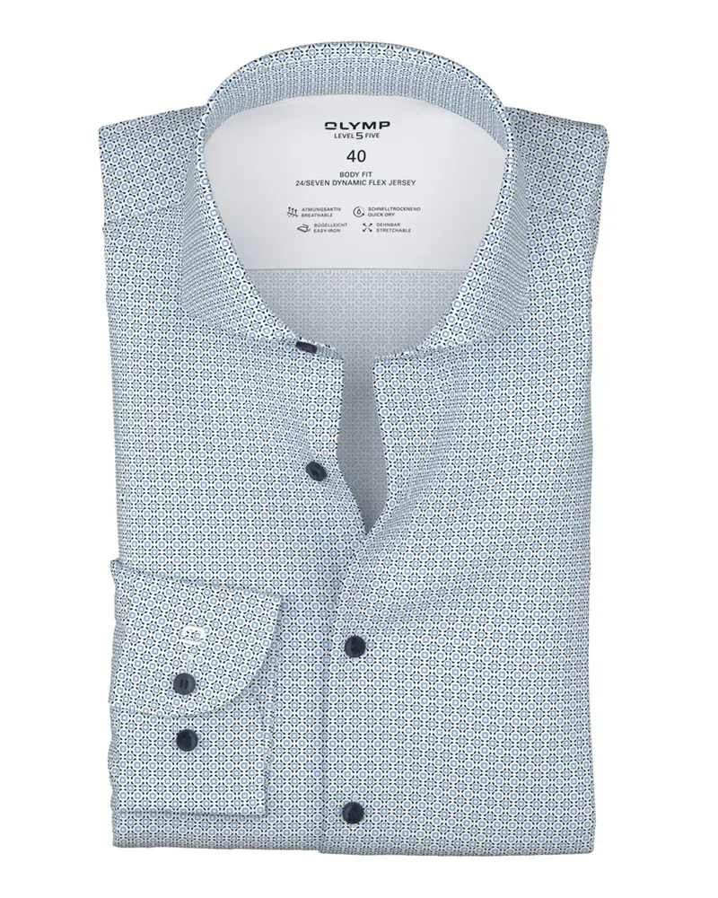 Olymp Level Five, Body Fit, 24/Seven Dynamic Stretch-Hemd mit Print in Hellblau