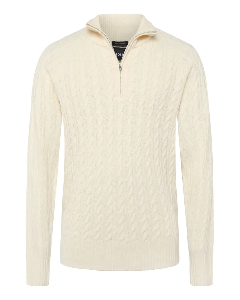 HUGO BOSS Troyer aus einem Schurwolle-Kaschmir-Mix in Zopfstrick, Regular in Offwhite