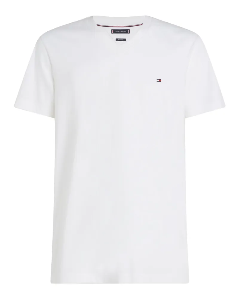 Tommy Hilfiger Softes T-Shirt mit V-Ausschnitt und kleiner Flag-Stickerei in Weiß