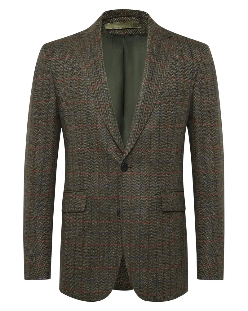 Hackett Einreihiges Tweed-Sakko mit Fischgrätwebmuster, Regular in Oliv