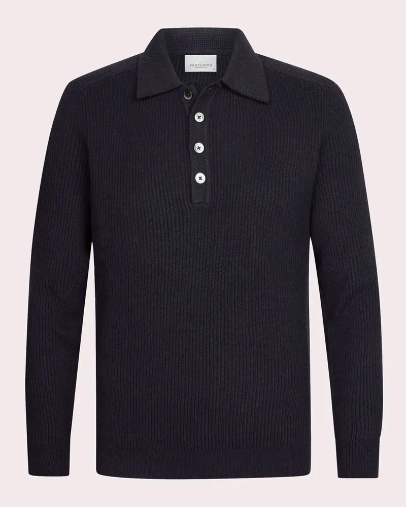 Profuomo Grobstrick Langarm Poloshirt mit Rippstruktur und Perlmuttknöpfen in Marine