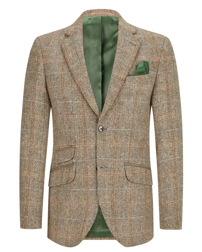 Wellington of Bilmore Gefüttertes Sakko mit Ellenbogenpatches und Fischgrät-Muster in Sand