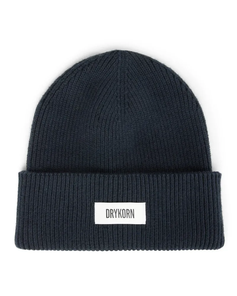 Drykorn Strickmütze aus einem Baumwoll-Mix mit Label-Aufnäher in Marine