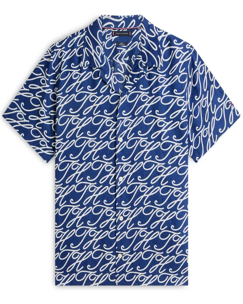 Tommy Hilfiger Leinen-Kurzarmhemd mit Monogramm-Print, Regular in Marine