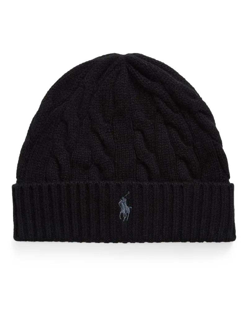 Ralph Lauren Wollmütze mit Kaschmir und Zopfstrickmuster in Schwarz
