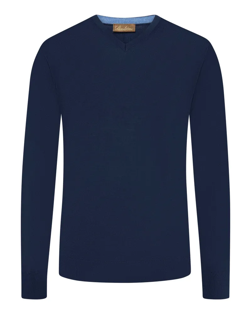 Stenströms Pullover mit V-Ausschnitt aus Merinowolle mit Ellenbogenpatches in Marine