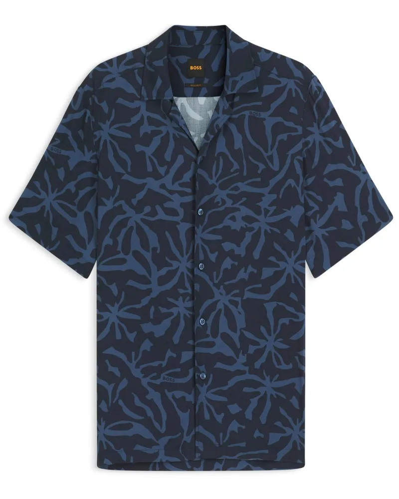 HUGO BOSS Leichtes Kurzarmhemd mit floralem Print, Regular Fit in Blau