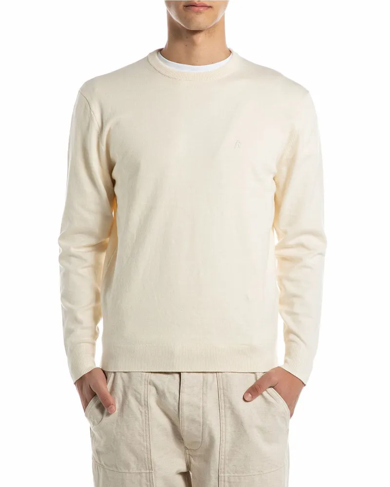 Replay Leichter Strick-Pullover aus Baumwolle und Kaschmir in Offwhite