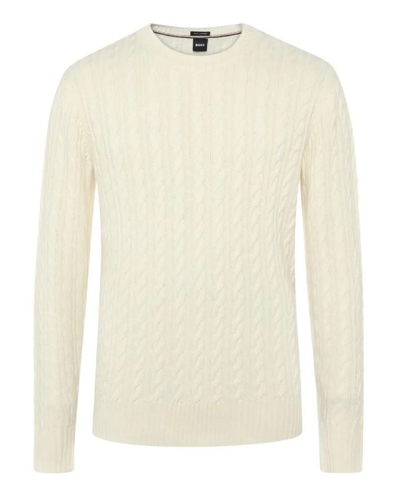 HUGO BOSS Rundhalspullover aus einem Merino-Kaschmir-Mix in Zopfstrick, Regular in Offwhite