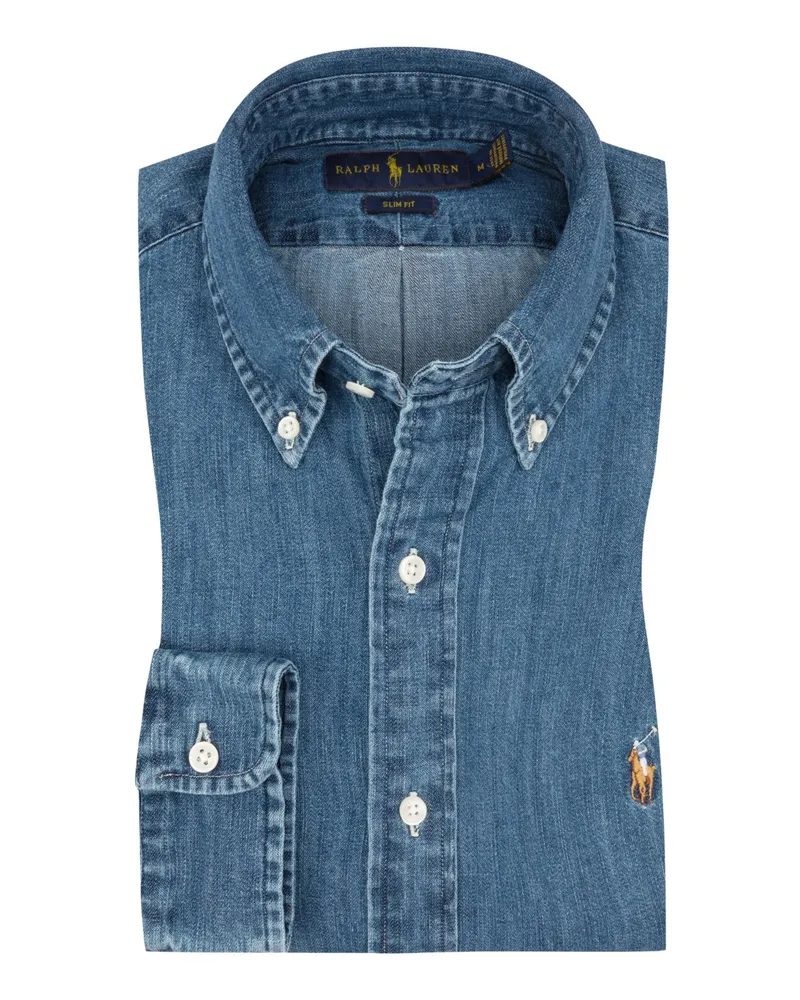 Ralph Lauren Jeanshemd mit Logo-Stickerei, Slim Fit in Mittelblau
