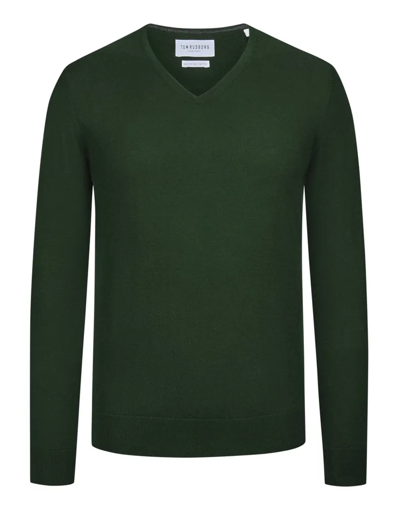 Tom Rusborg Leichter Pullover mit V-Ausschnitt aus maschinenwaschbarer Merinowolle in Oliv