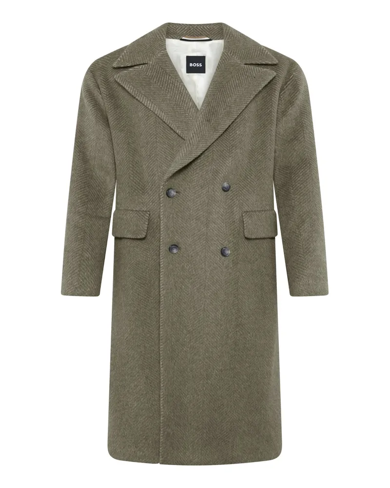 HUGO BOSS Zweireihiger Mantel mit Alpaka-Anteil und breitem Reveskragen in Khaki