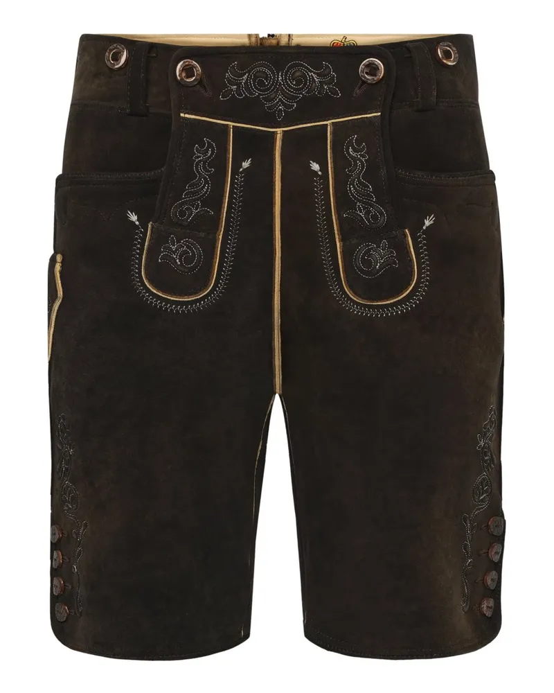 Meindl Trachtenlederhose mit Metallschnalle und Stickereien in Dunkelbraun