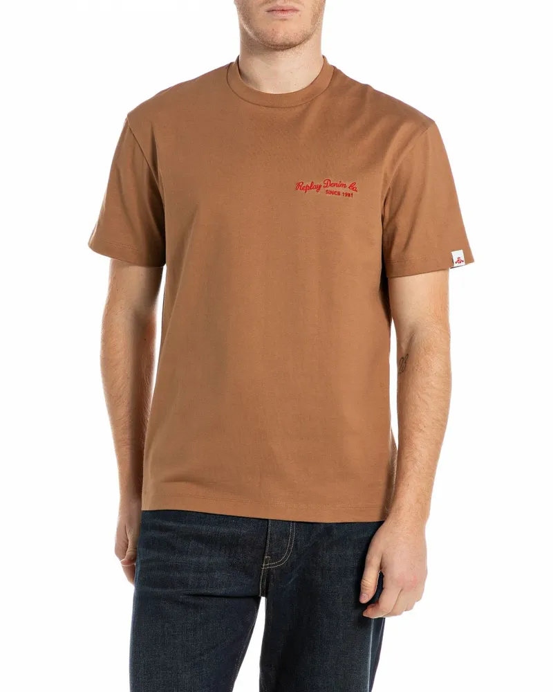 Replay T-Shirt aus Baumwolle mit Schriftzug in Braun