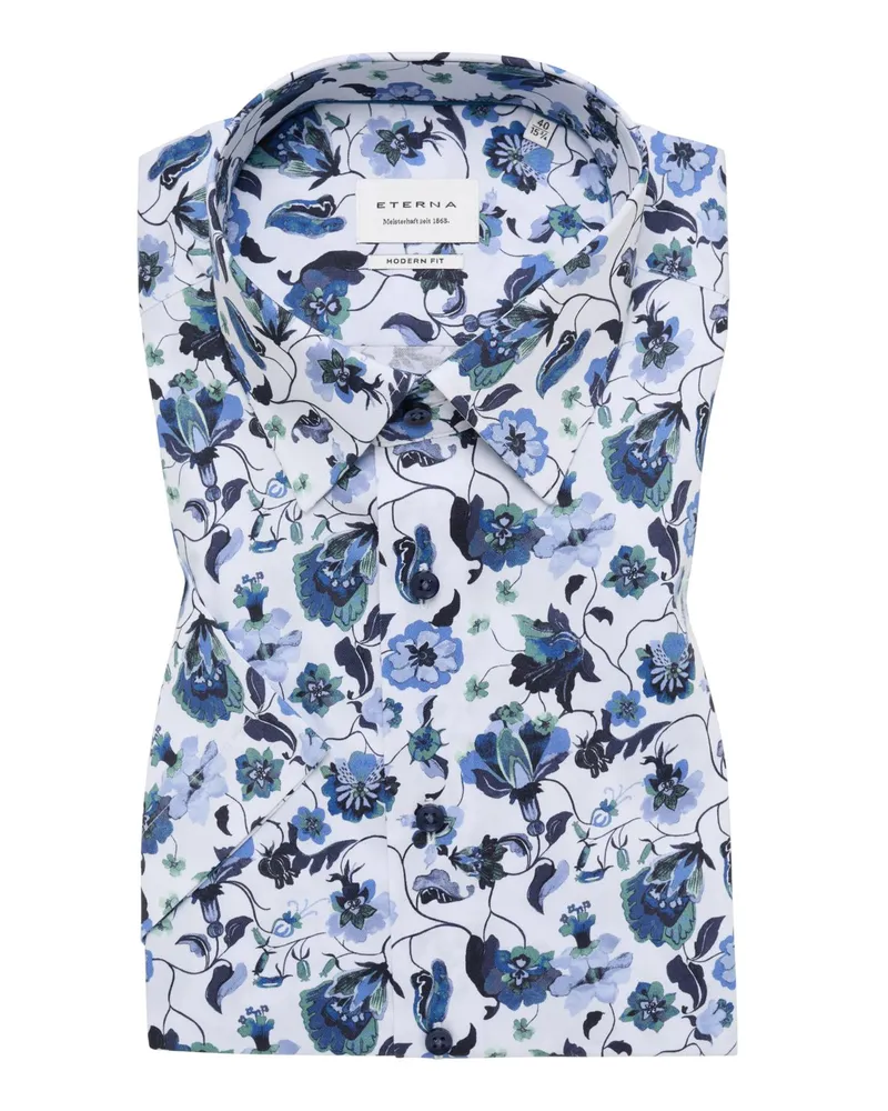 Eterna Bügelfreies Kurzarmhemd aus  Baumwolle mit Blumenprint, Modern Fit in Blau