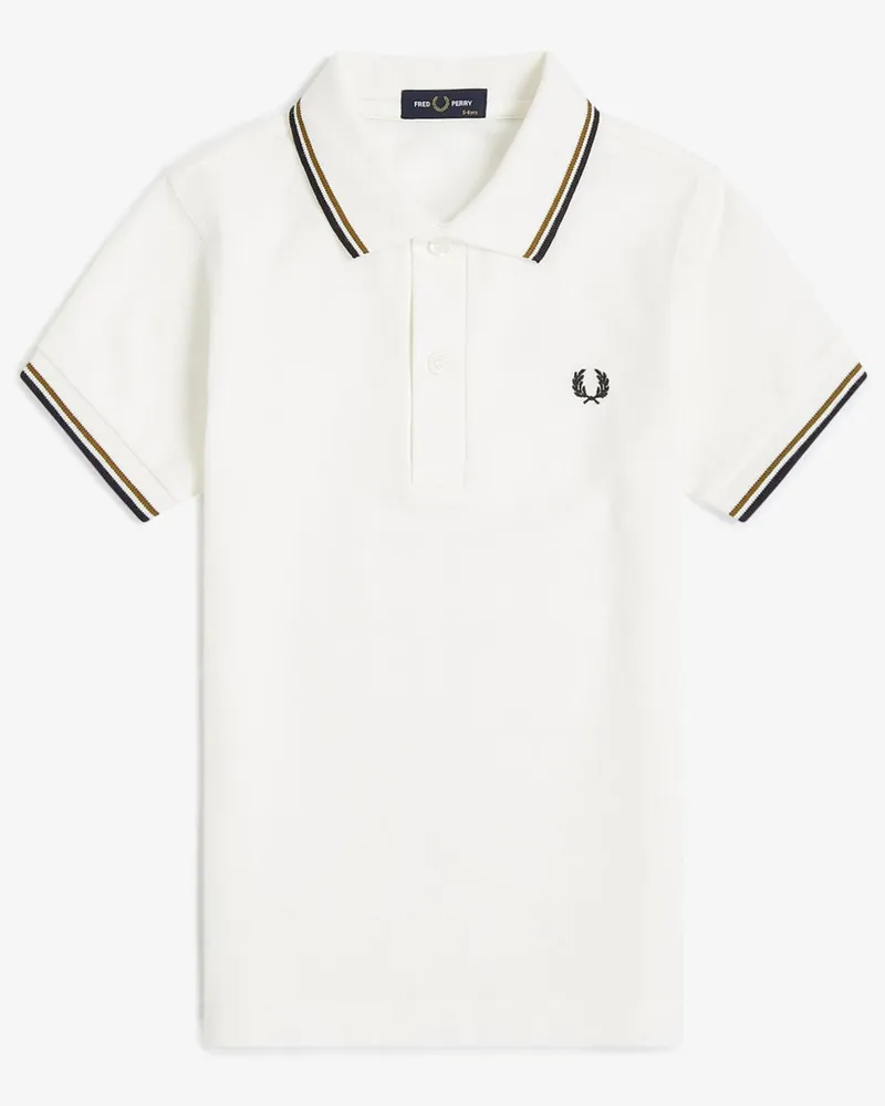 Fred Perry Piqué-Poloshirt mit Logo-Stickerei und Streifenakzenten in Offwhite