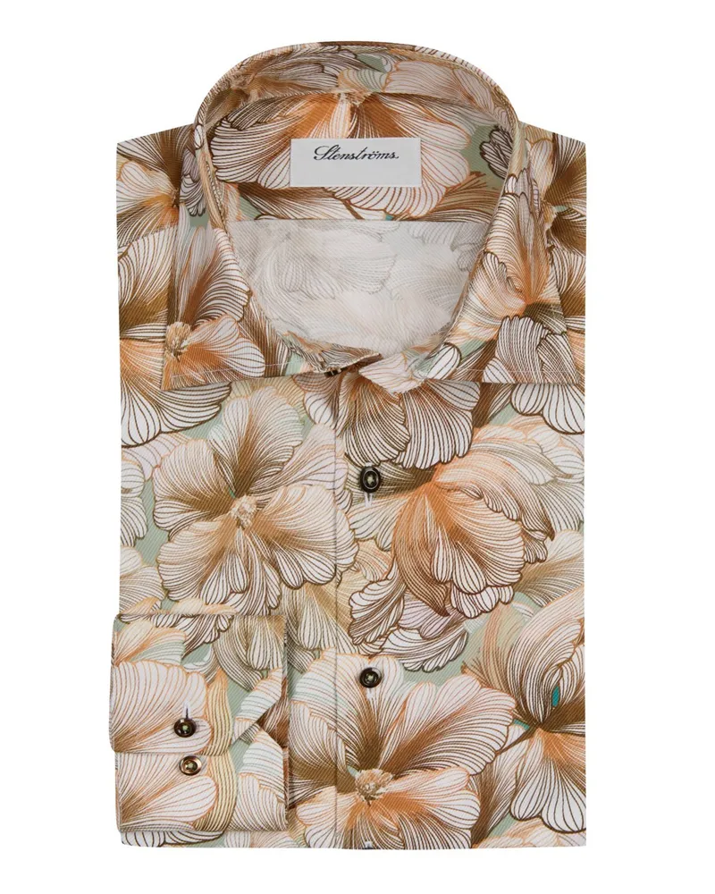 Stenströms Twofold Super Cotton Hemd mit floralem Muster, Slimline in Braun