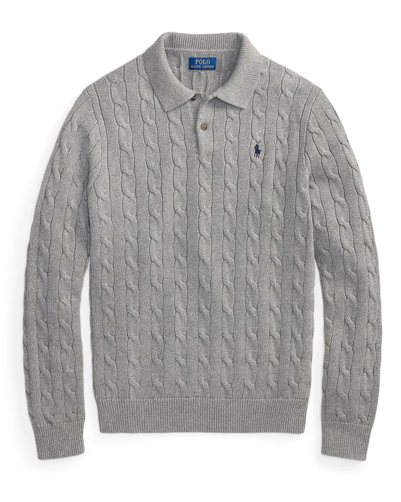 Ralph Lauren Langarm-Poloshirt mit Zopfstrickmuster und Logo-Stickerei in Hellgrau
