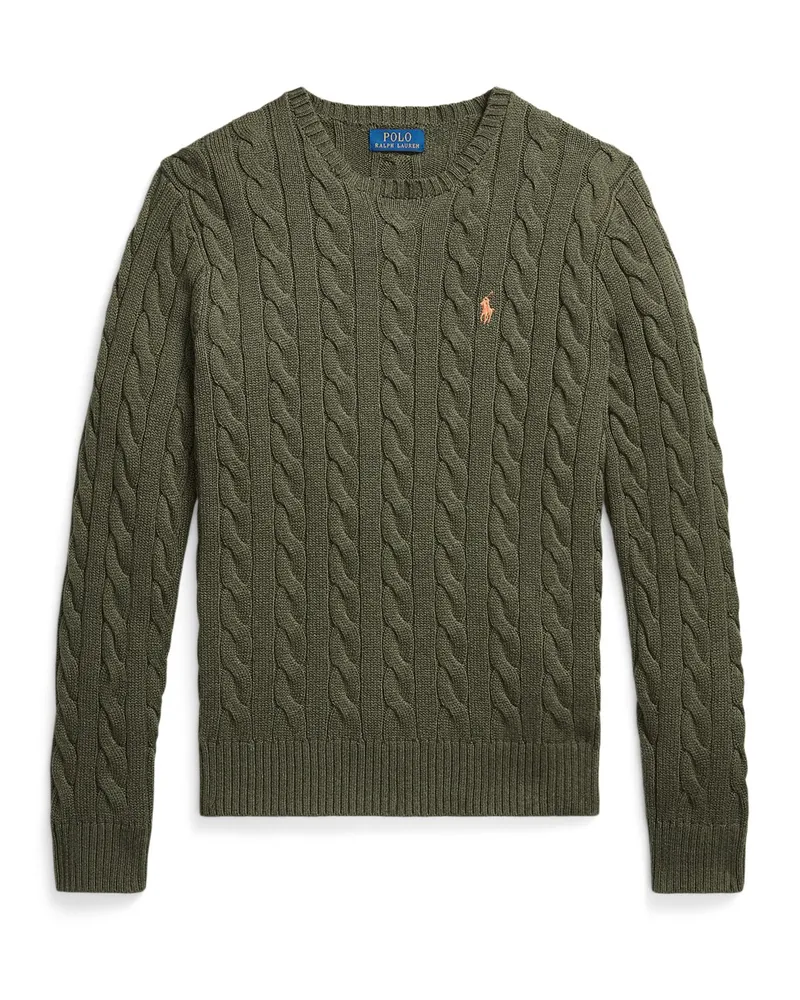 Ralph Lauren Rundhalspullover mit Zopfstrickmuster und kleiner Pony-Stickerei in Oliv