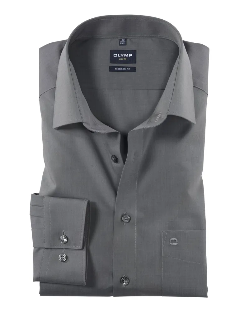 Olymp Luxor, Modern Fit, Bügelfreies Baumwollhemd mit Brusttasche in Anthrazit