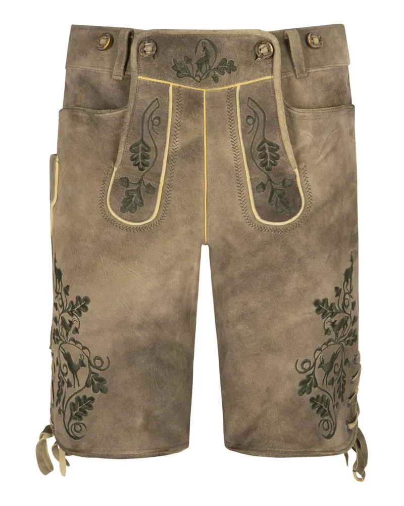 Meindl Lederhose Max mit olivfarbenen Stickereien in Hellbraun