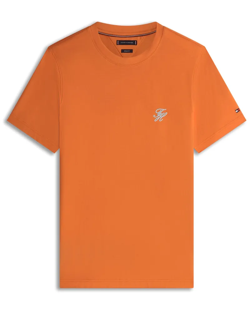 Tommy Hilfiger Glattes T-Shirt aus Baumwolle mit Monogramm-Stickerei, Regular Fit in Orange