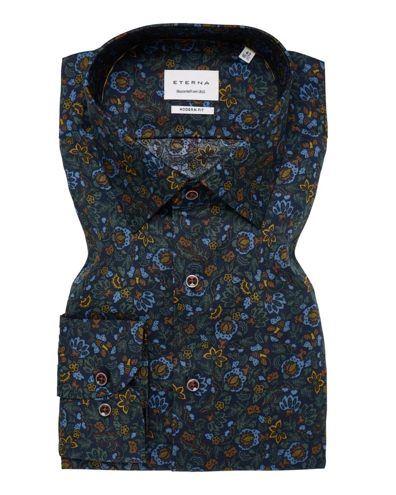 Eterna Bügelfreies Baumwollhemd mit floralem Print, Modern Fit in Marine