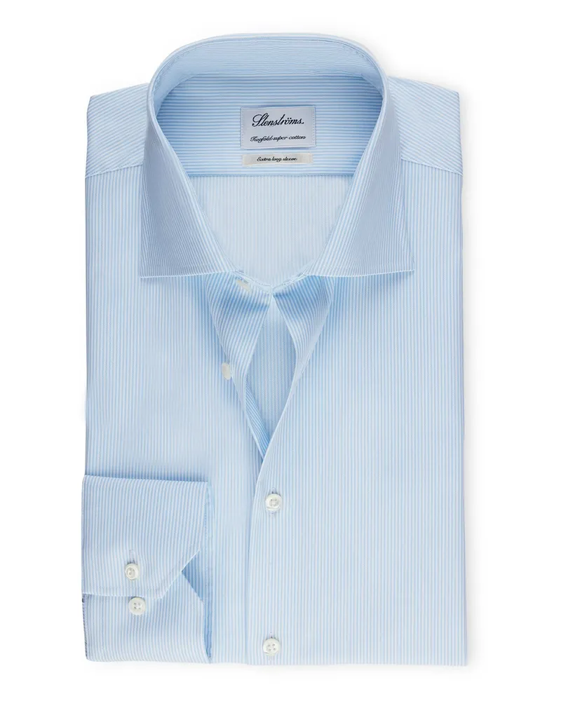 Stenströms Extralanges Hemd aus Twofold Super Cotton mit Streifen, Regular Fit in Hellblau