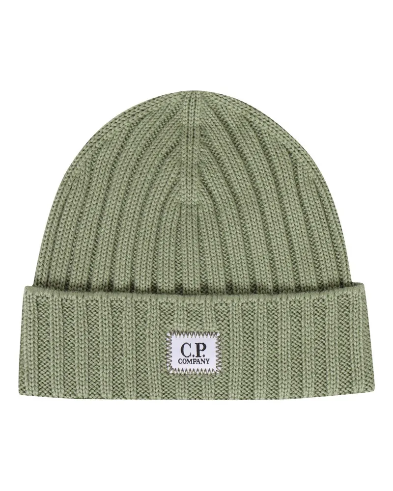 C.P. Company Strickmütze aus Wolle mit Logo-Aufnäher in Grün