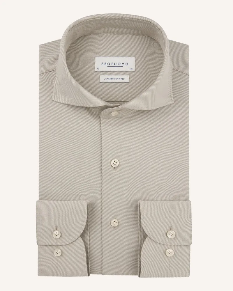 Profuomo Japanese Knitted Hemd mit Fineliner und Haifischkragen, Slim Fit in Beige