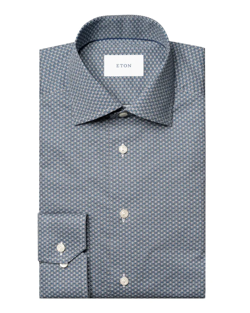 Eton Signature Twill-Hemd mit geometrischem Print, Contemporary in Graublau