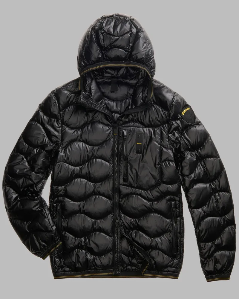 Blauer Leichtdaunen Steppjacke Wave mit Kapuze und Kontrastbündchen in Schwarz