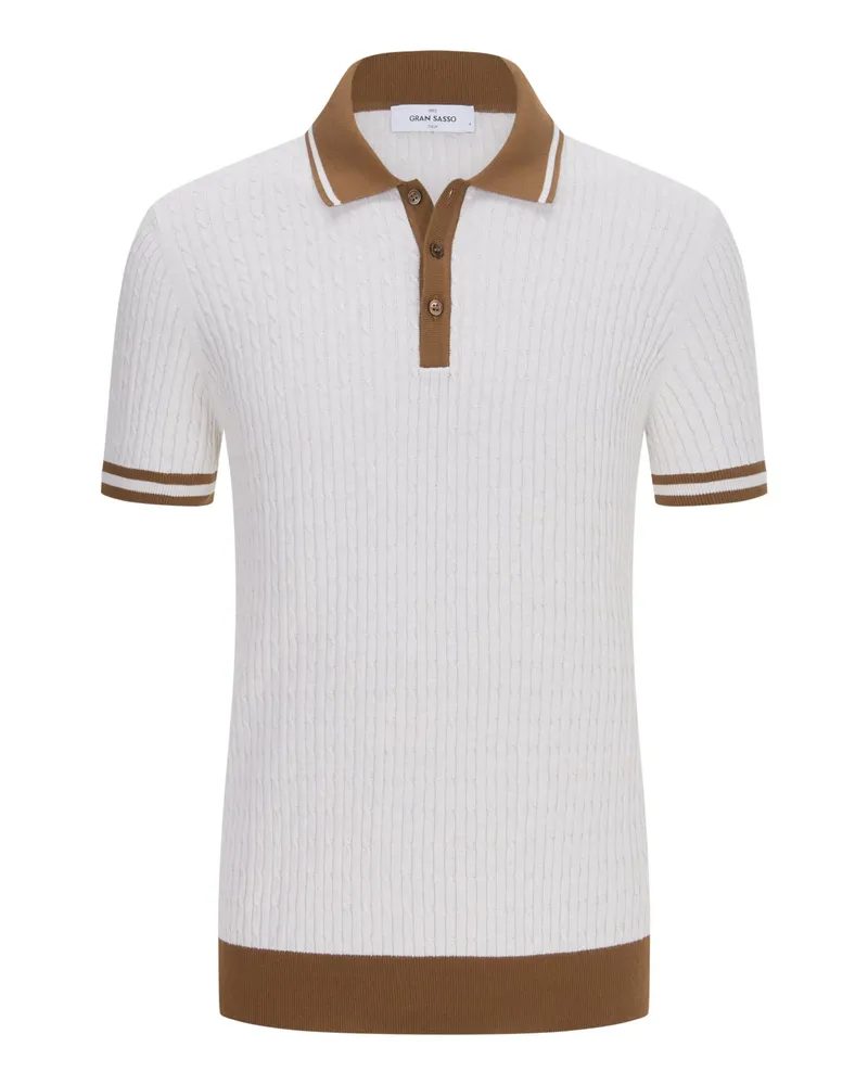 Gran Sasso Feinstrick-Poloshirt mit Zopfmuster und Kontraststreifen in Offwhite