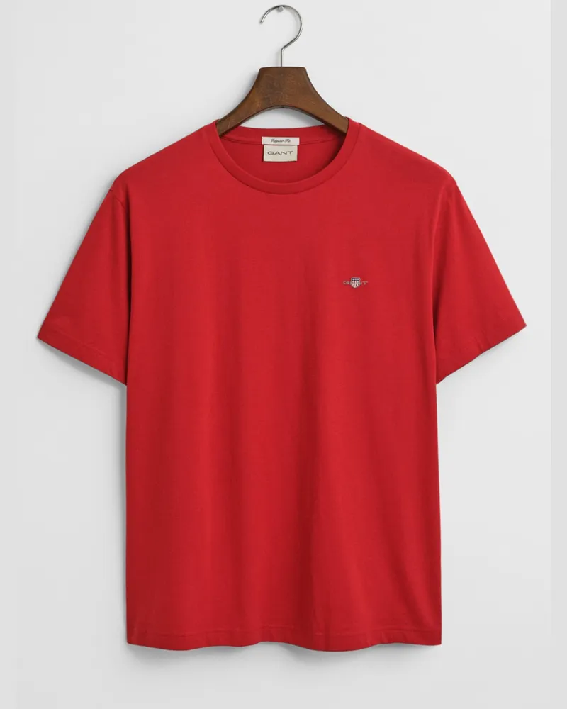 Gant Unifarbenes T-Shirt mit Logo-Stickerei, Regular Fit in Rot