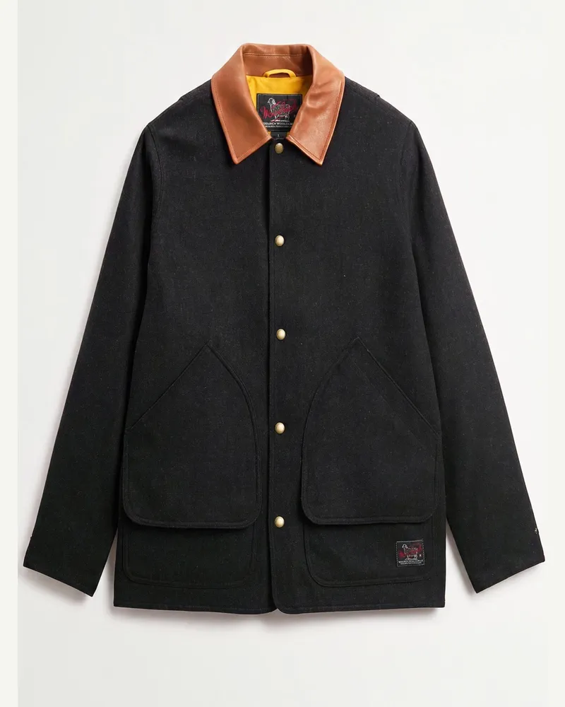 Woolrich Woll-Overshirt mit Lederkragen, Woolen Mills-Kollektion in Anthrazit