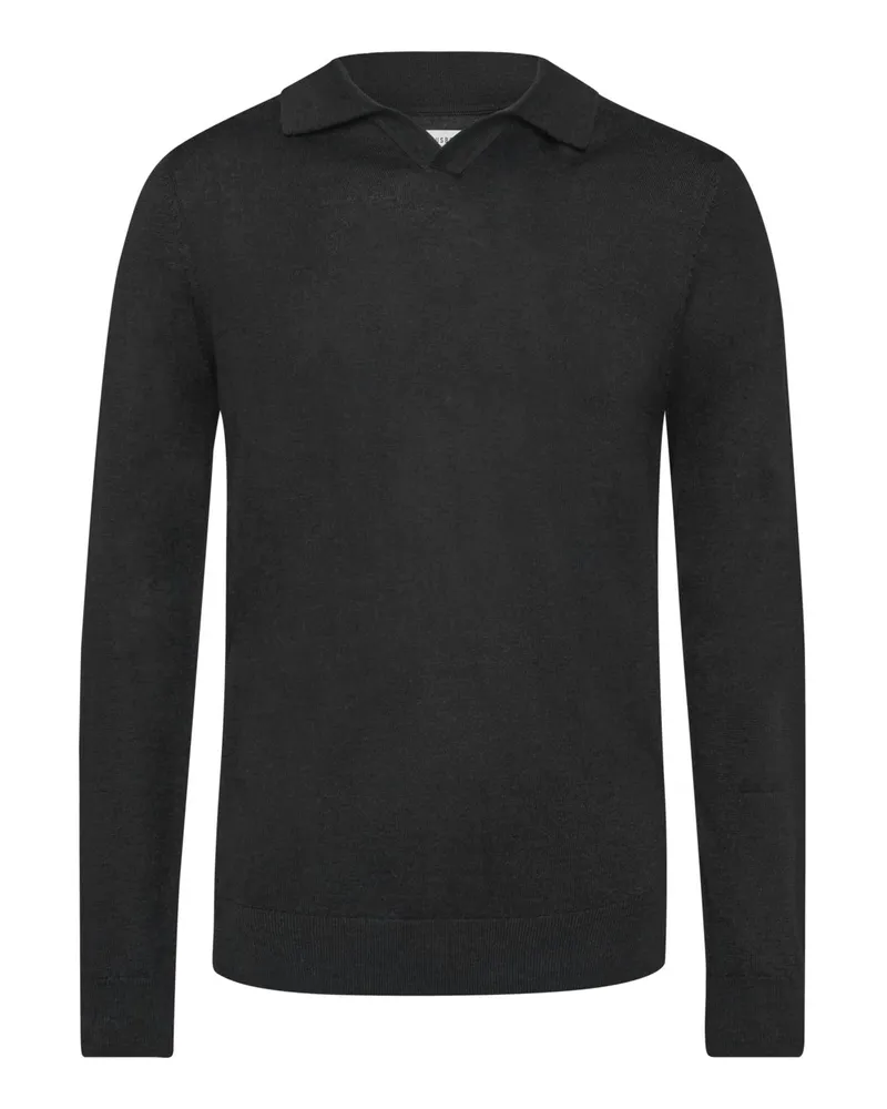 Tom Rusborg Glattstrick-Langarmpoloshirt aus Merinowolle mit Variokragen in Schwarz